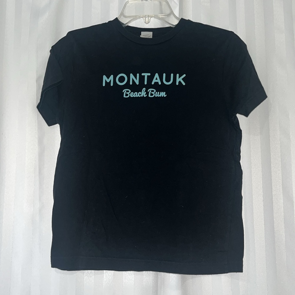 Girl’s Black Tee with “Montauk Beach Bum” Graphic in Blue/green
